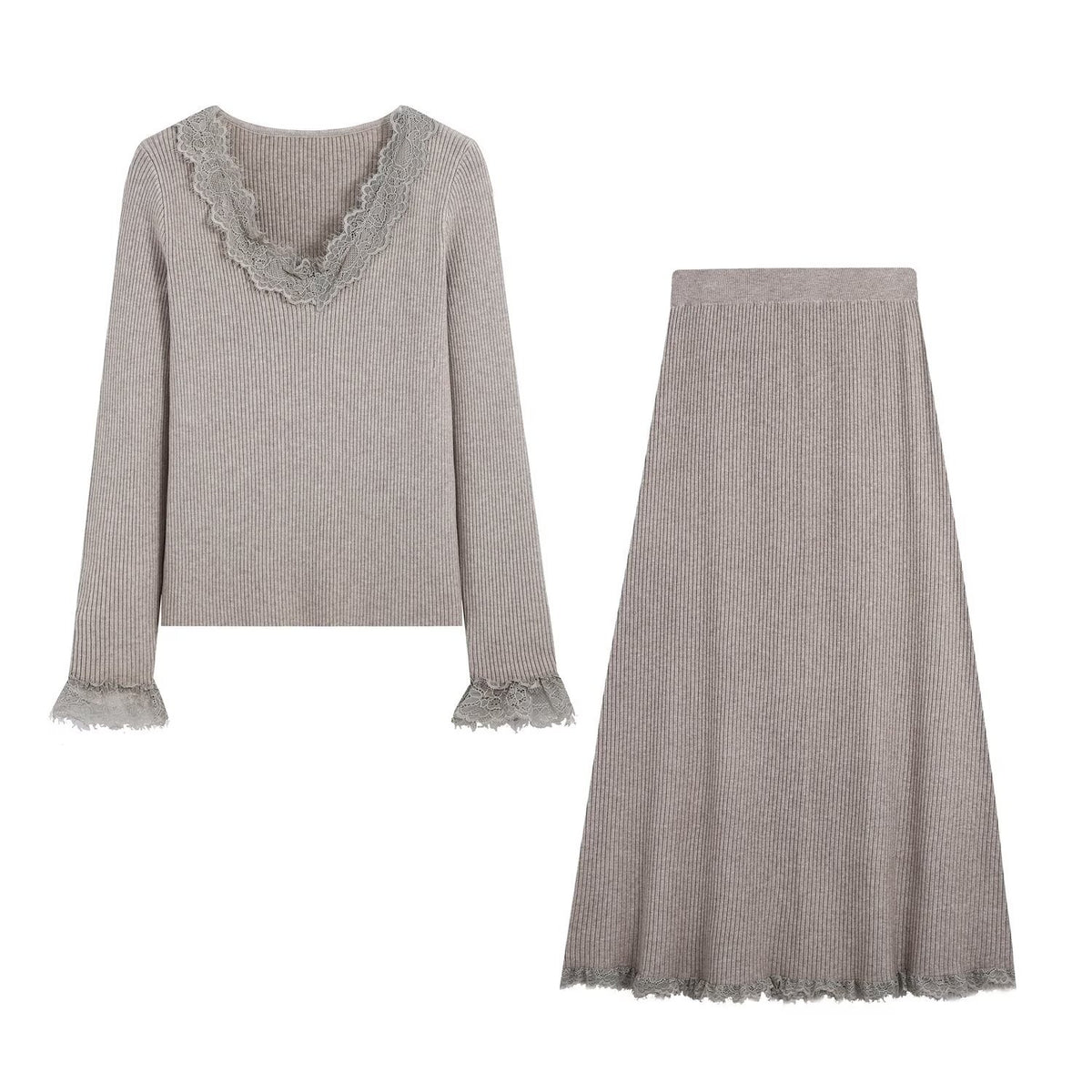 Women Two-Piece Ribbed Knit Set with Lace Trim EVA-US