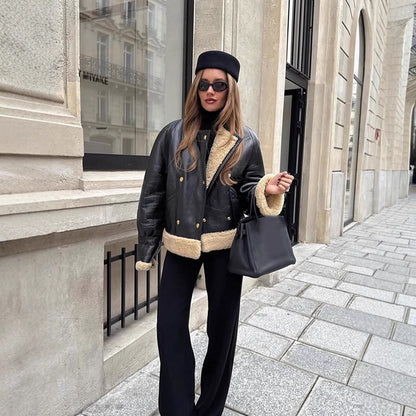 Women's short jacket in aviator style with teddy lining and double-breasted snap front EVA-US