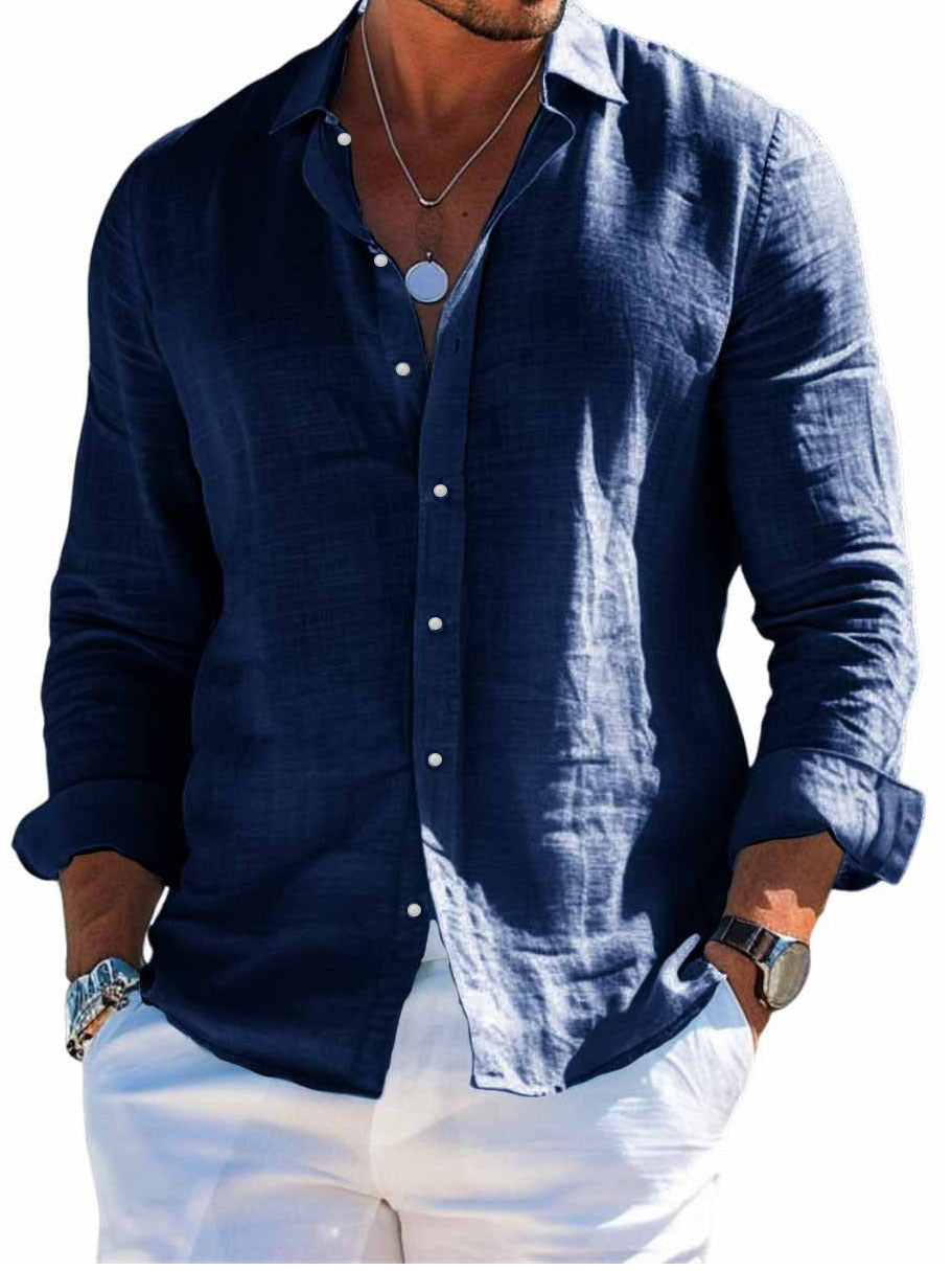 Men's textured linen shirt with open collar, lightweight texture, and casual-tailored fit EVA-US