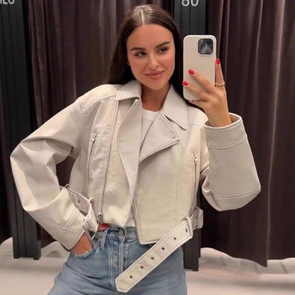Women Short-Cut Biker Jacket Made of Faux Leather with Waist Belt EVA-US