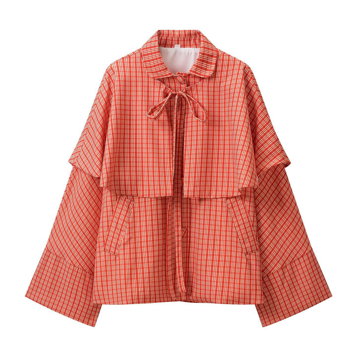 Women Short Cape Coat with Large Overwrap, Ties and Patch Pockets EVA-US