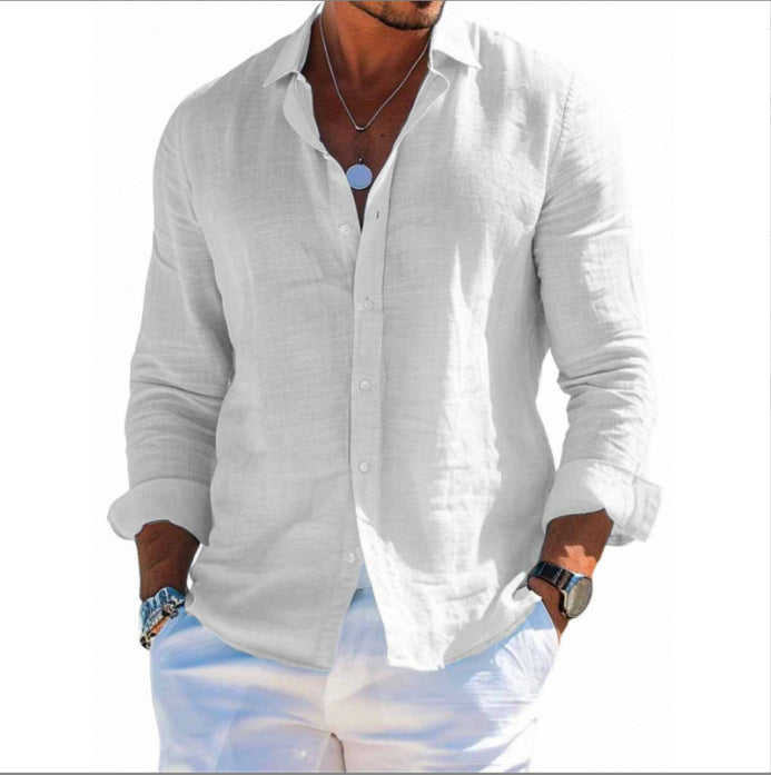 Men's textured linen shirt with open collar, lightweight texture, and casual-tailored fit EVA-US