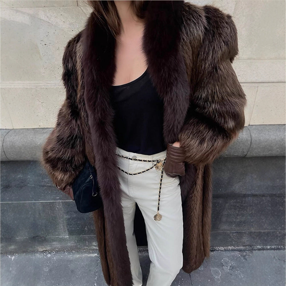 Women Luxurious Long Fur Coat with Wide Collar and Voluminous Sleeves EVA-US