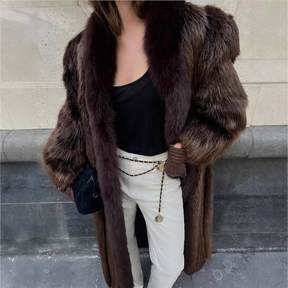 Women Luxurious Long Fur Coat with Wide Collar and Voluminous Sleeves EVA-US
