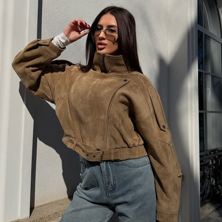 Ladies short-cut suede bomber jacket with belt & oversized sleeves EVA-US