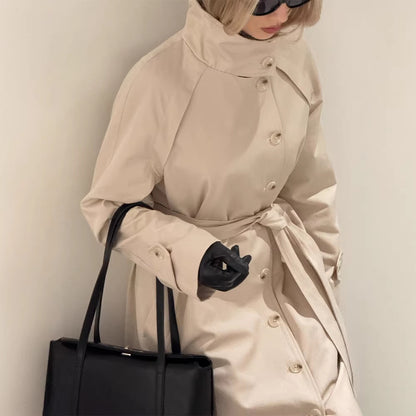 Women's Maxi Length Trench Coat with High Stand-Up Collar, Double-Breasted Button Placket and Tie Belt EVA-US