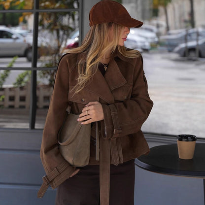 Women's Short Cut Suede Trench Coat with Waist Belt and Adjustable Cuffs EVA-US