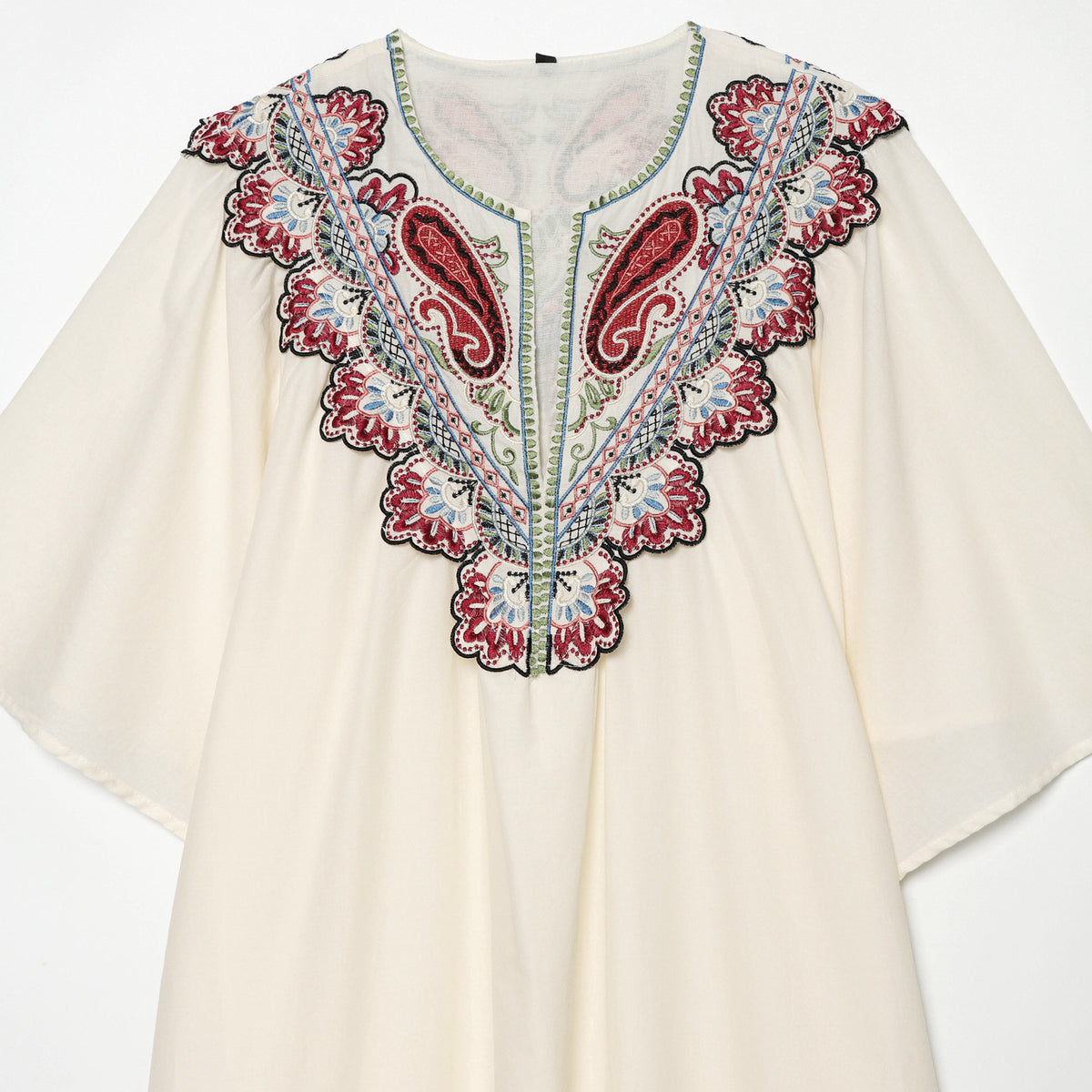 Women's Embroidered Kaftan Dress with V-Neck and Wide Batwing Sleeves EVA-US