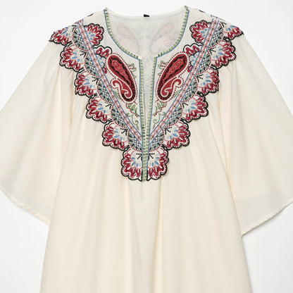 Women's Embroidered Kaftan Dress with V-Neck and Wide Batwing Sleeves EVA-US