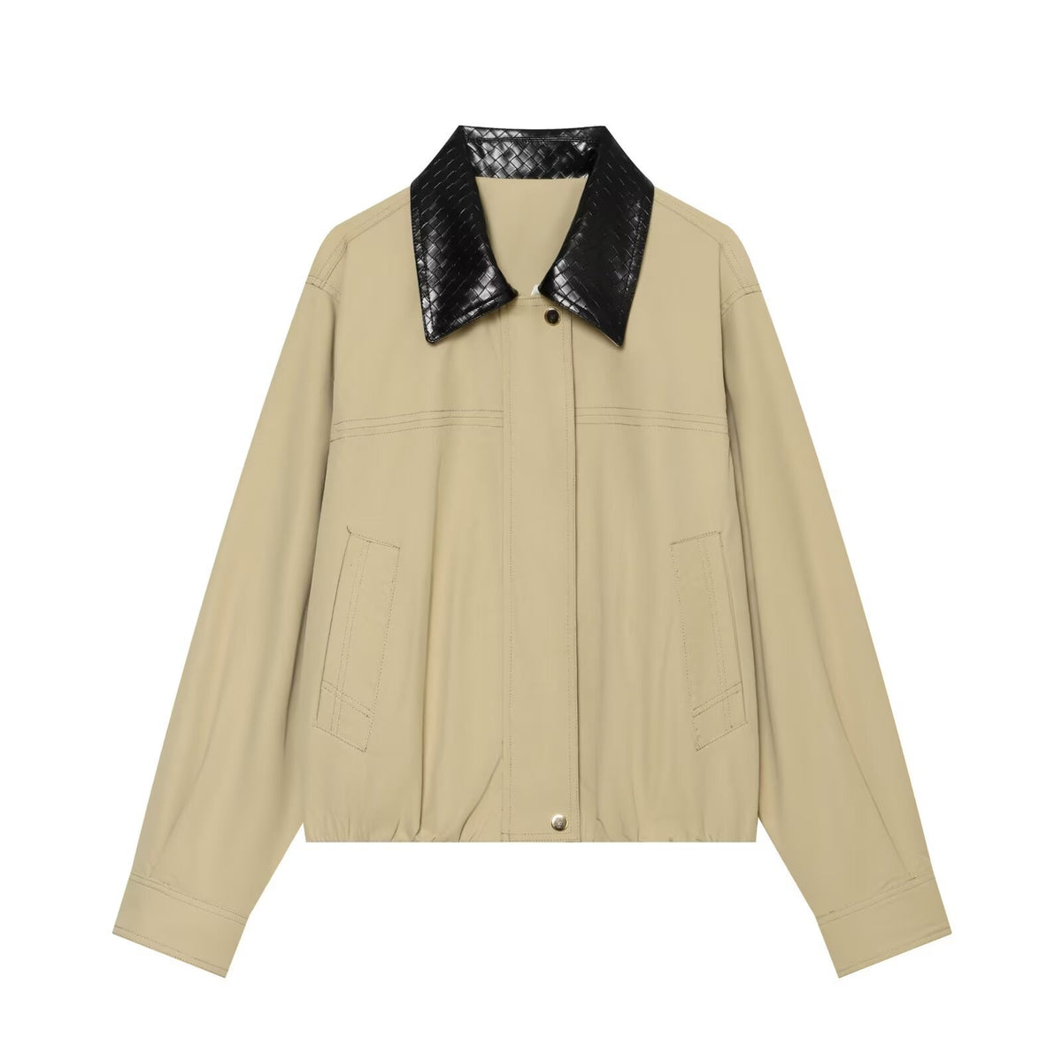 Women's short bomber-style jacket with contrasting embossed faux leather collar EVA-US