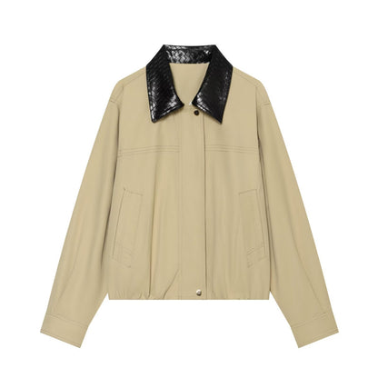 Women's short bomber-style jacket with contrasting embossed faux leather collar EVA-US