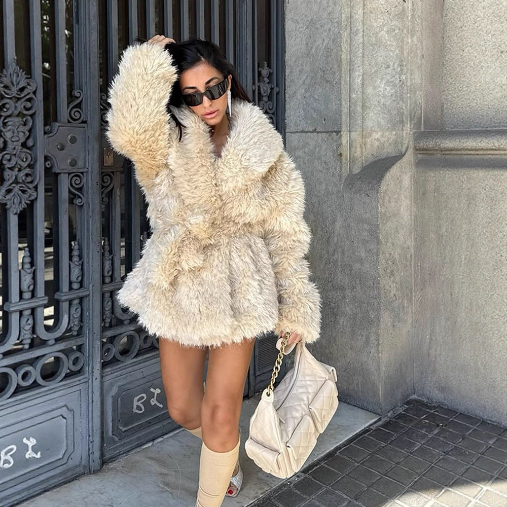 Women Short Cozy Faux Fur Coat with Waist Belt and Voluminous Shawl Collar EVA-US
