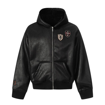 Men's hooded leather jacket with teddy lining and ribbed cuffs EVA-US