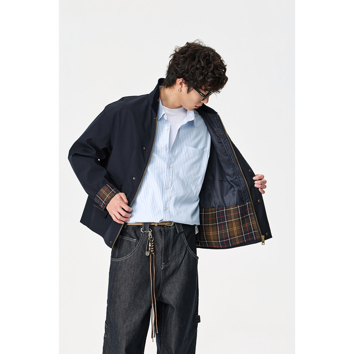Men's Short-Cut Canvas Field Jacket with Cord Collar and Concealed Snap Placket EVA-US