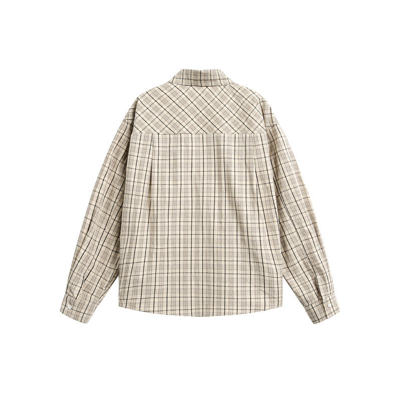 Women's Checkered Oversized Shirt Blouse with Chest Pocket and Decorative Letter Print EVA-US