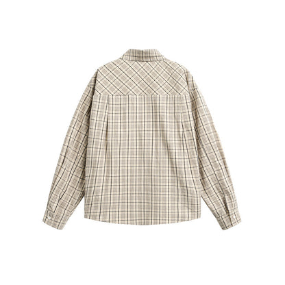 Women's Checkered Oversized Shirt Blouse with Chest Pocket and Decorative Letter Print EVA-US