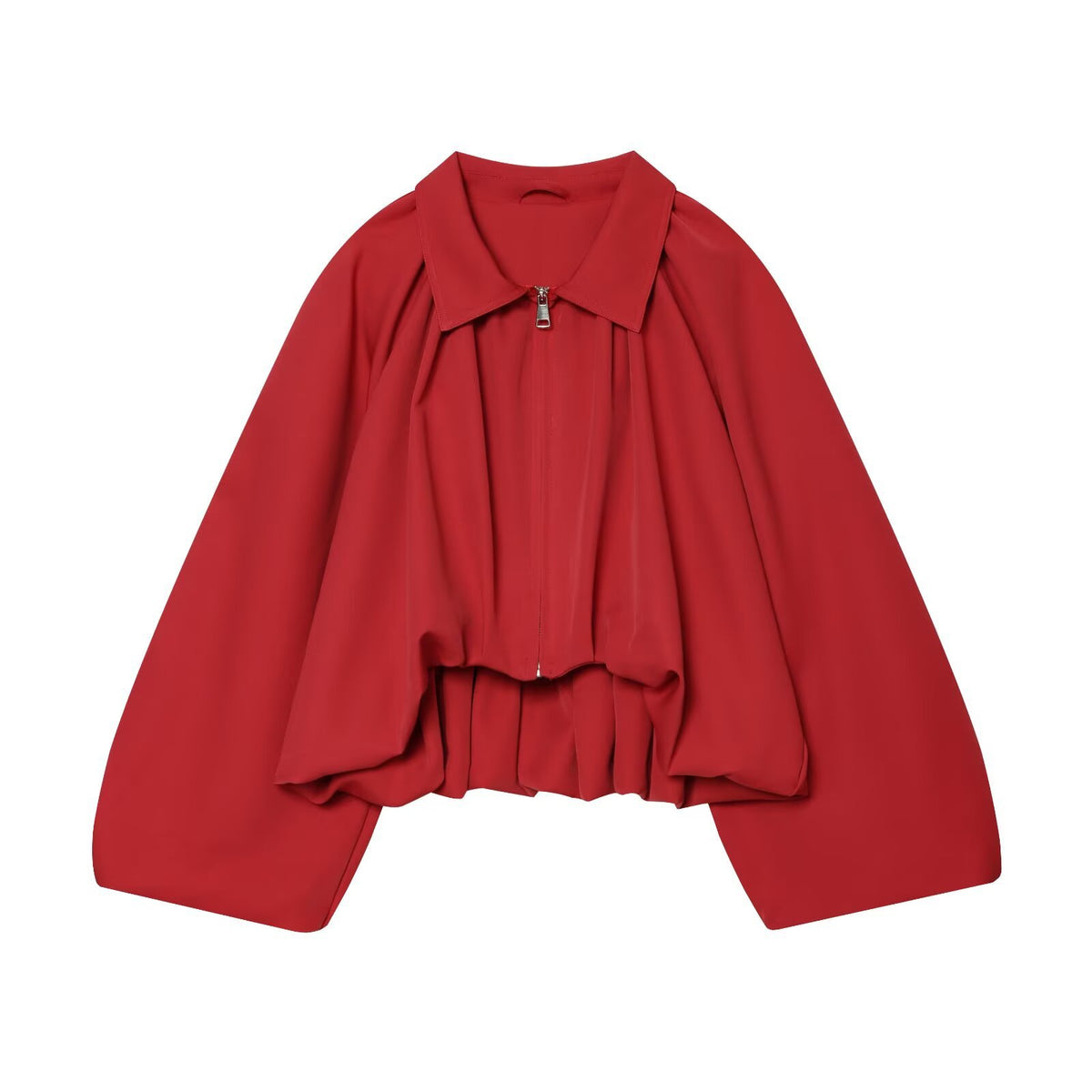Women's short cut blouson jacket with wide balloon sleeves, zipper, and elastic hem EVA-US