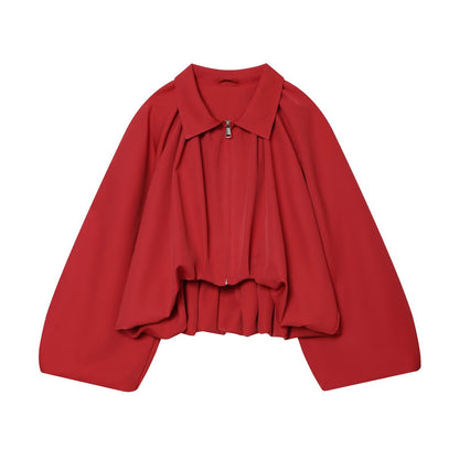 Women's short cut blouson jacket with wide balloon sleeves, zipper, and elastic hem EVA-US