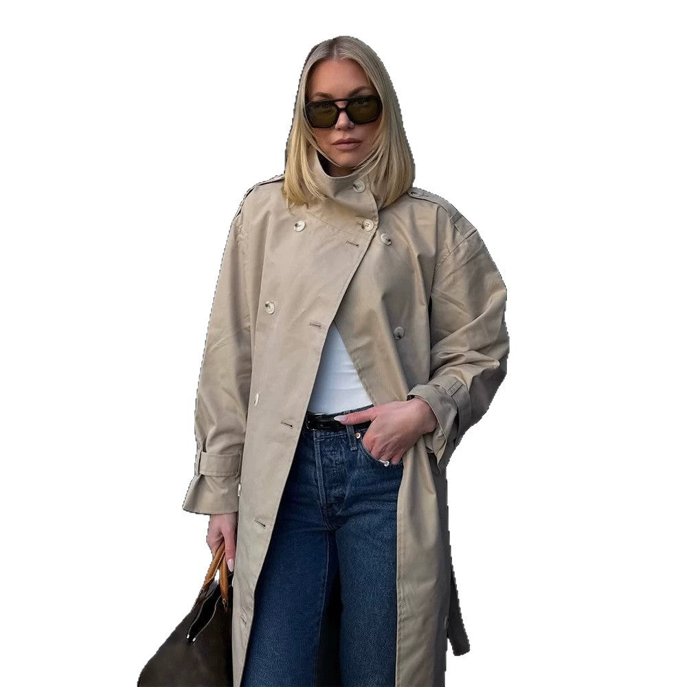Women’s Maxi Trench Coat with high stand collar, double-breasted button placket & waist belt EVA-US