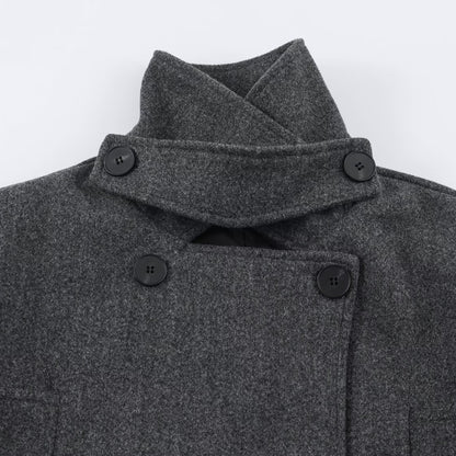 Women's short coat in double-breasted wool blend with high standing collar and waist belt EVA-US