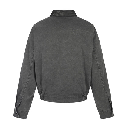 Men's short-cut boxy blouson with asymmetrical button placket, waist belt, and contrast collar EVA-US