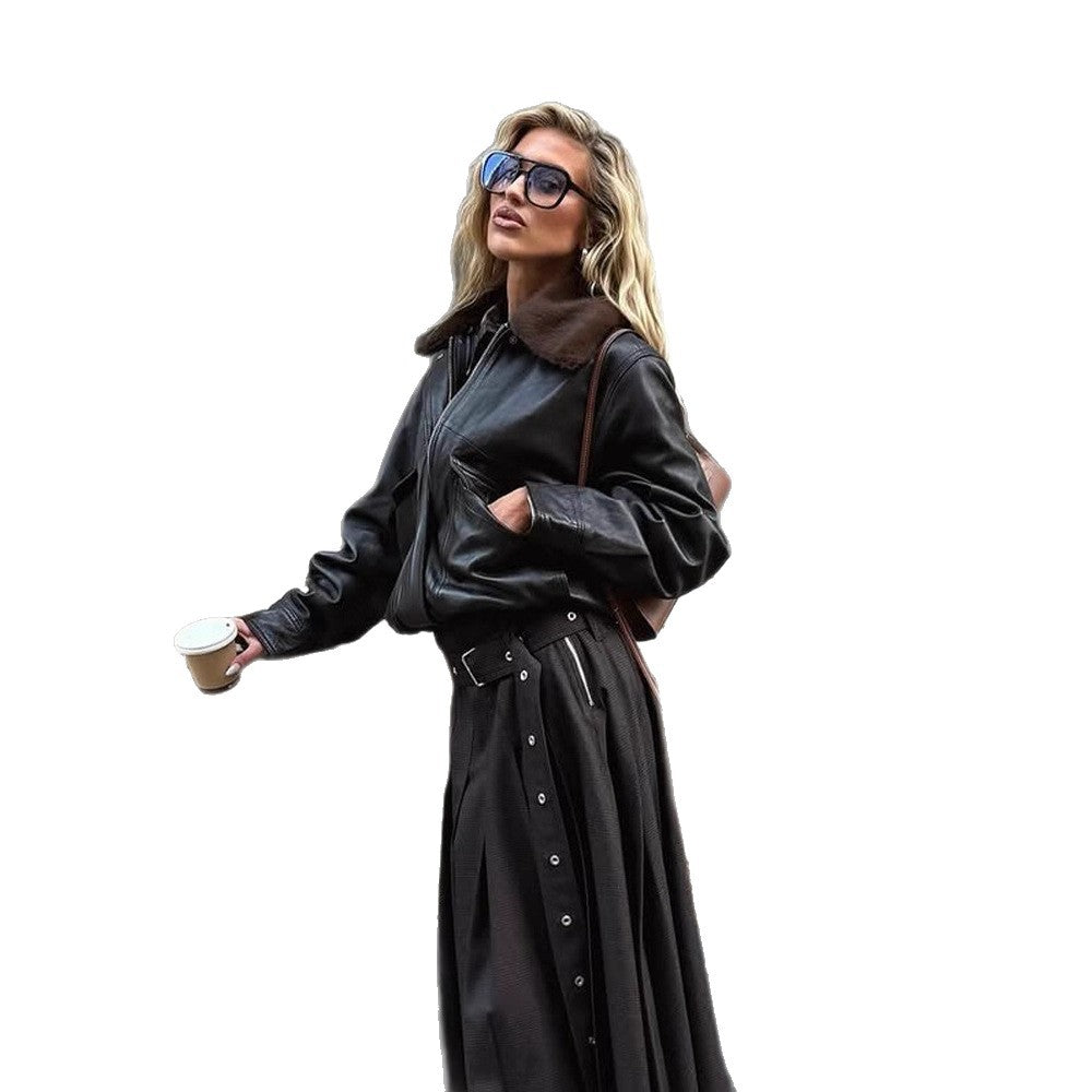 Women short-cut leather look pilot jacket with teddy collar and fitted ribbed hem EVA-US