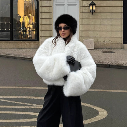 Women's Short Cozy Faux-Fur Bomber Jacket with Voluminous Shawl Collar and Boxy Silhouette EVA-US