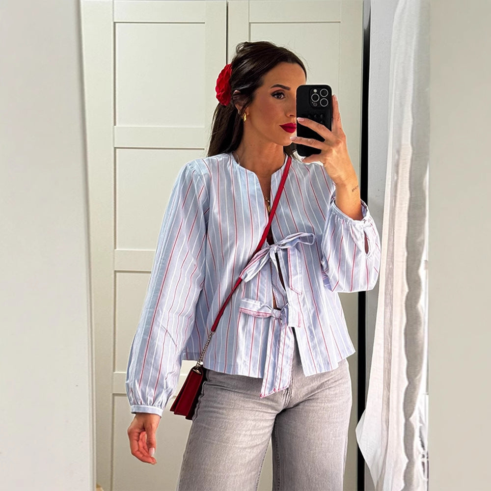 Ladies Striped Tied Blouse with Bow Front, V-Neck & Balloon Sleeves EVA-US
