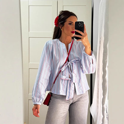Ladies Striped Tied Blouse with Bow Front, V-Neck & Balloon Sleeves EVA-US