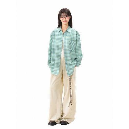 Women Oversize Shirt Blouse in Gingham Check with Chest Pocket EVA-US