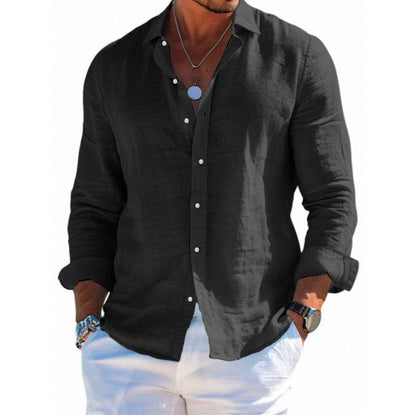 Men's textured linen shirt with open collar, lightweight texture, and casual-tailored fit EVA-US