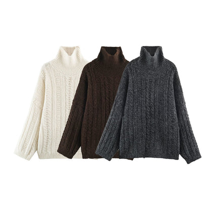Women's Chunky Knit Oversized Sweater with High Turtleneck and Cable Pattern EVA-US