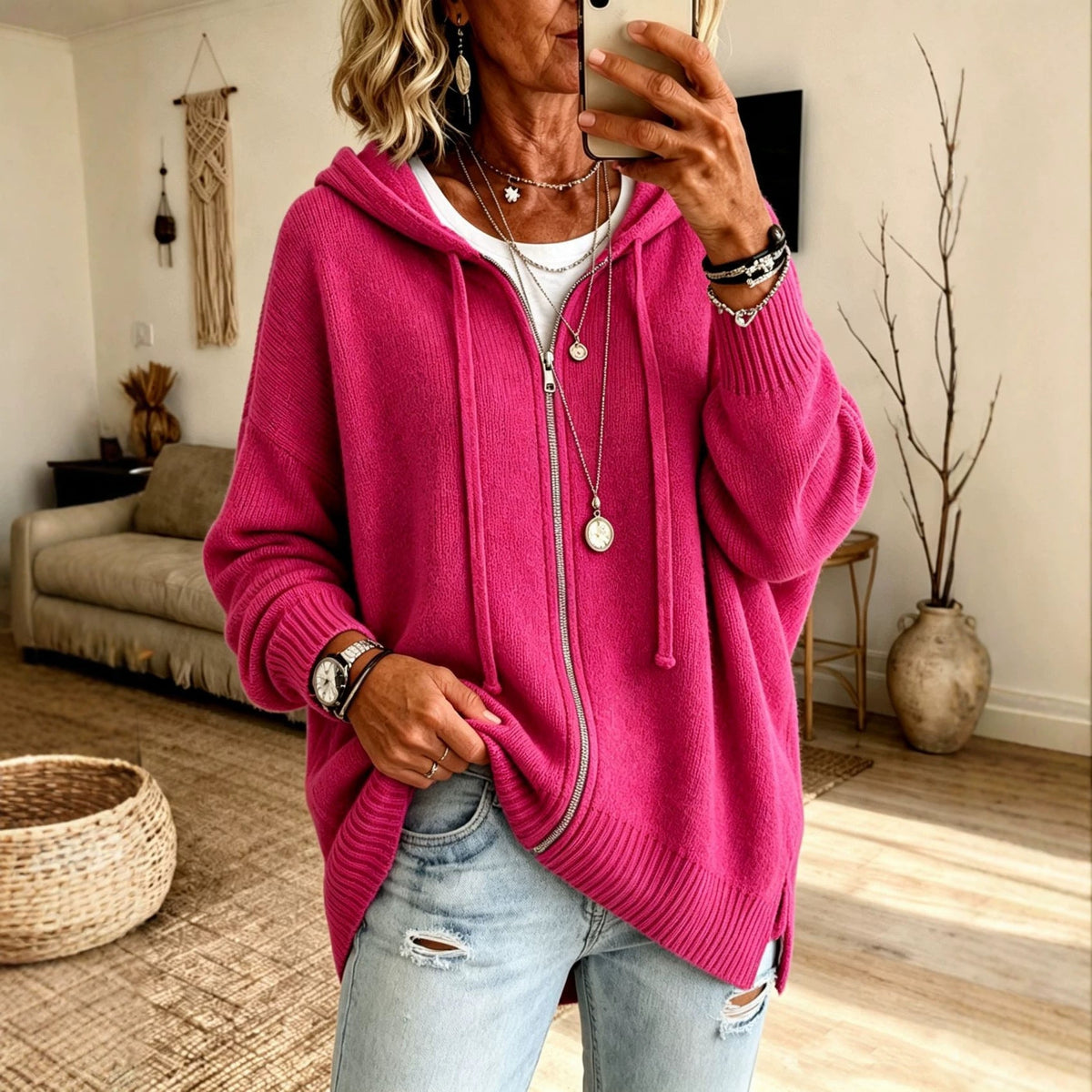 Women Oversize Hooded Zip Cardigan made of soft fine knit EVA-US