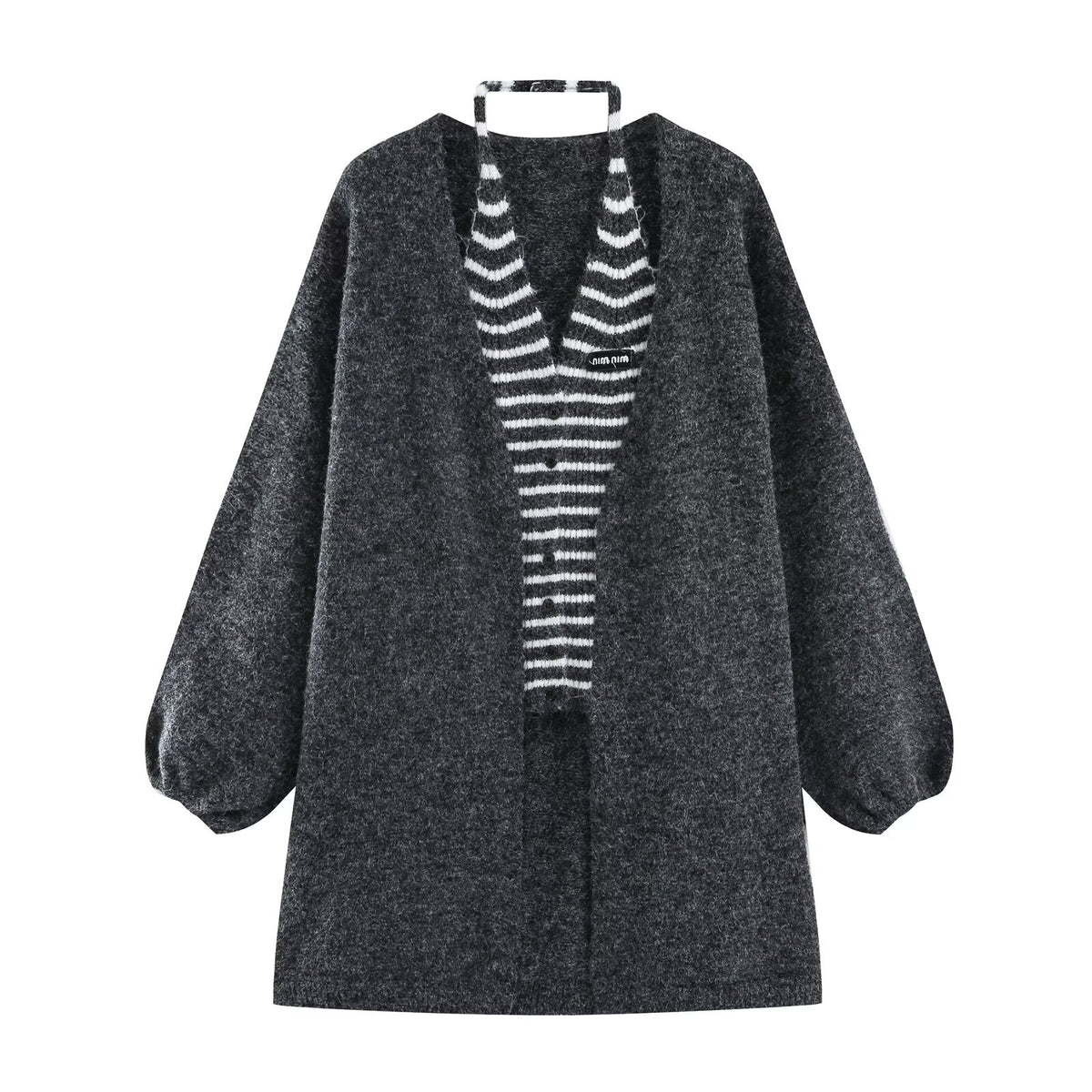 Women's Oversized Knit Cardigan with Balloon Sleeves and Striped Trim Button Placket EVA-US
