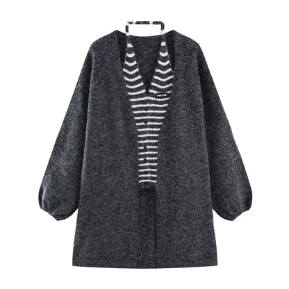 Women's Oversized Knit Cardigan with Balloon Sleeves and Striped Trim Button Placket EVA-US