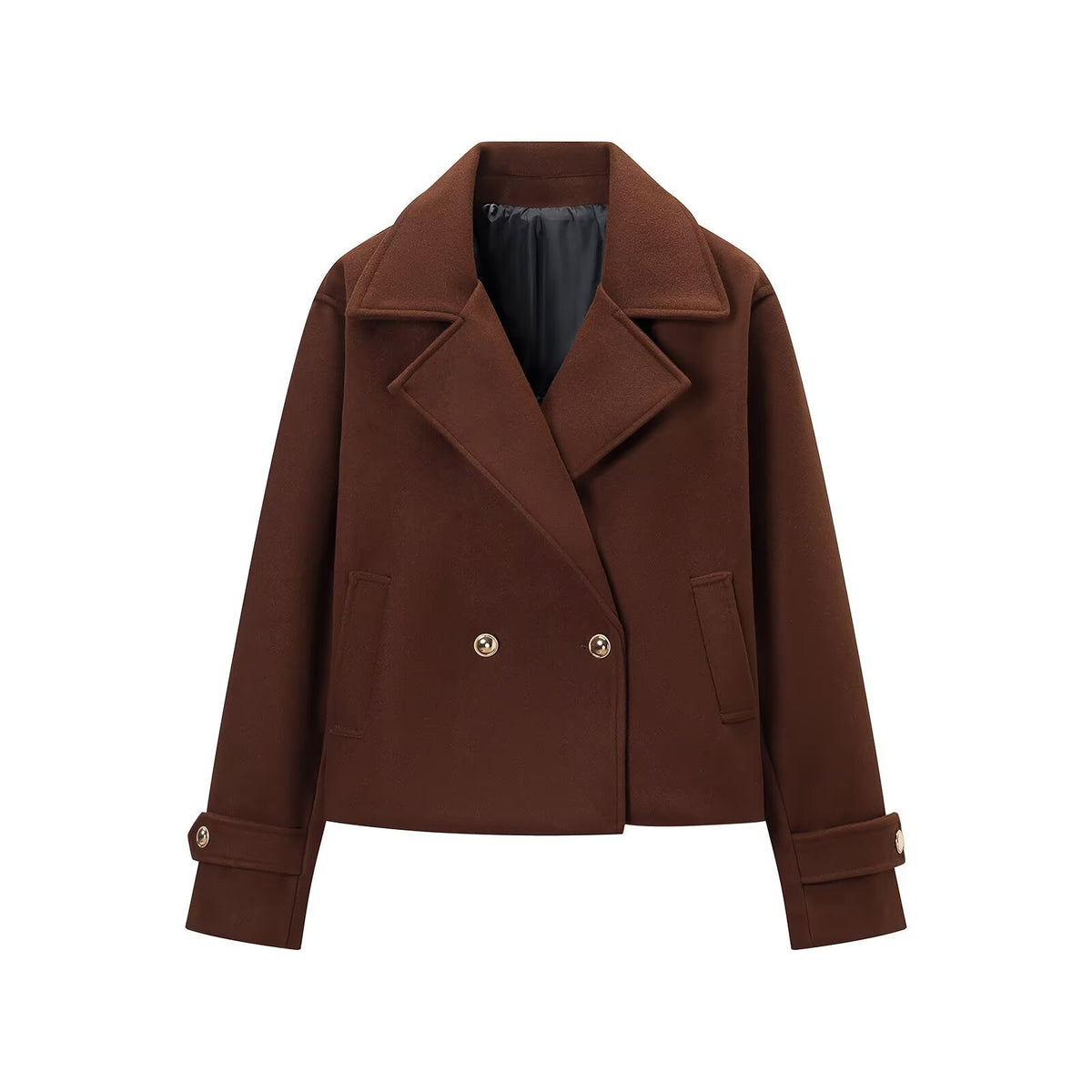 Women Short Double-Breasted Wool Mix Short Coat with Large Lapels, Roll-Up Cuffs and Flap Pockets EVA-US
