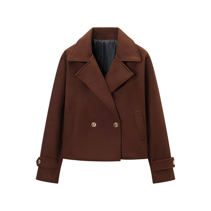 Women Short Double-Breasted Wool Mix Short Coat with Large Lapels, Roll-Up Cuffs and Flap Pockets EVA-US