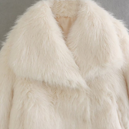 Women's Short Faux Fur Jacket with Wide Shawl Collar EVA-US
