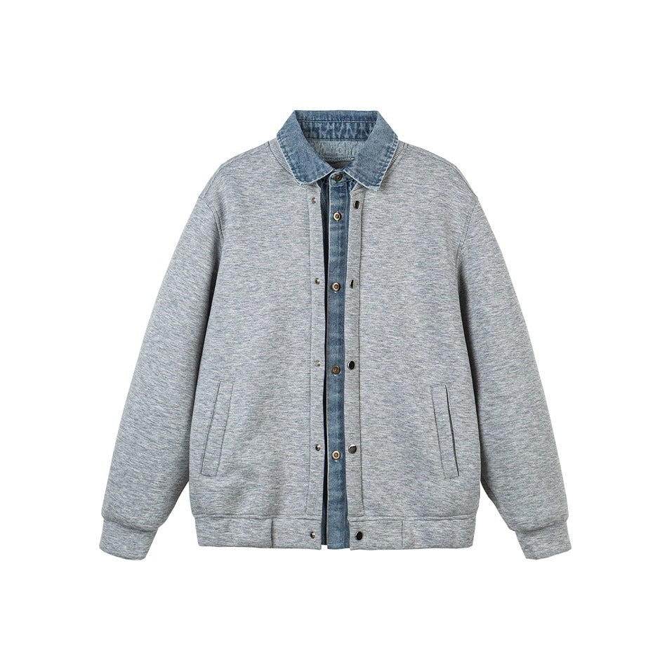 Unisex Layered Look Boxy Blouson with integrated Denim Collar and Snap Button Placket EVA-US