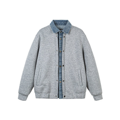 Unisex Layered Look Boxy Blouson with integrated Denim Collar and Snap Button Placket EVA-US