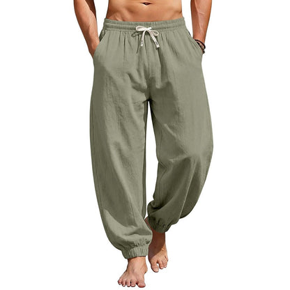 Men's relaxed harem pants made of linen blend with elastic drawstring waistband and gathered ankle cuffs EVA-US