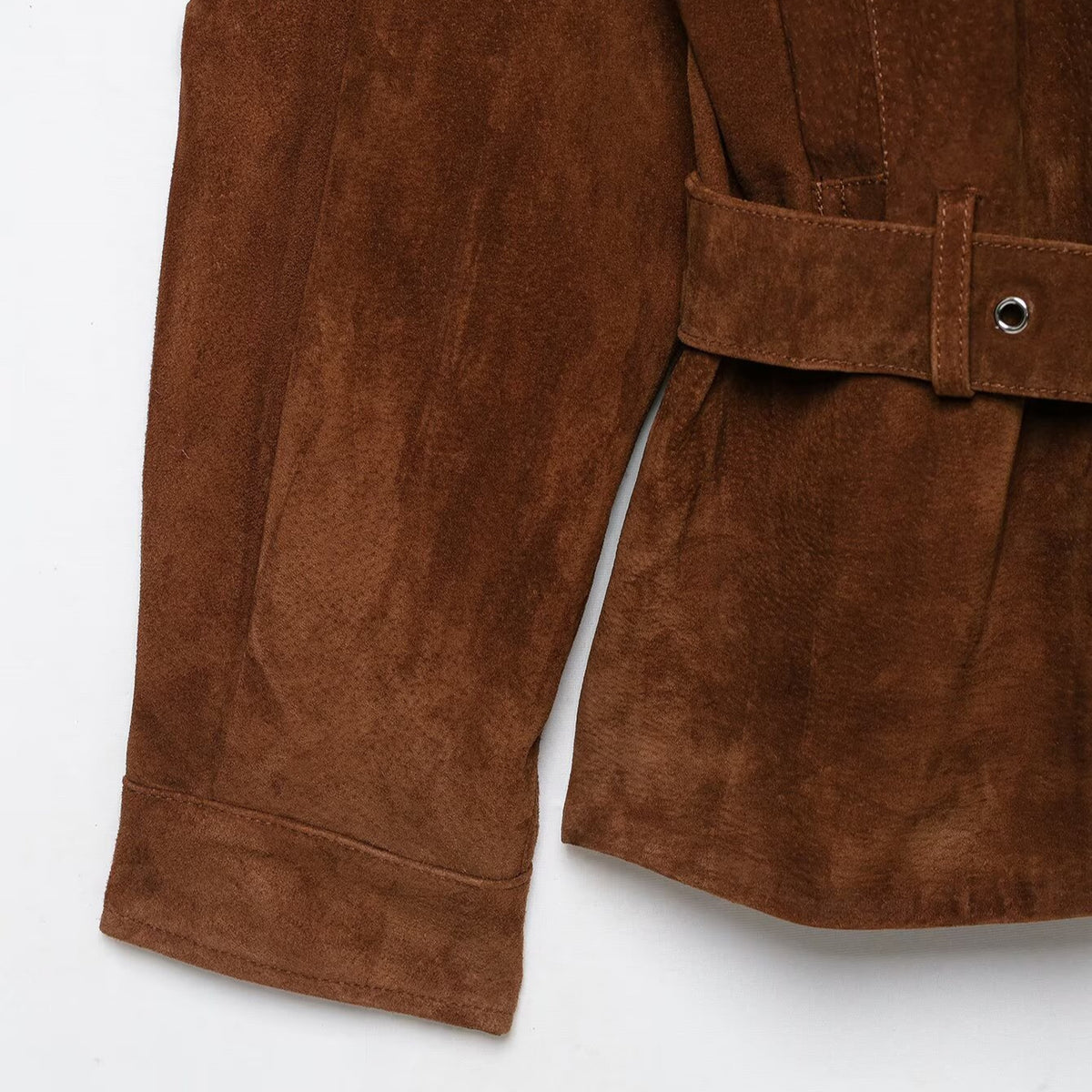 Women’s waist-hugging suede leather trench coat with stand-up collar and wide tie belt EVA-US
