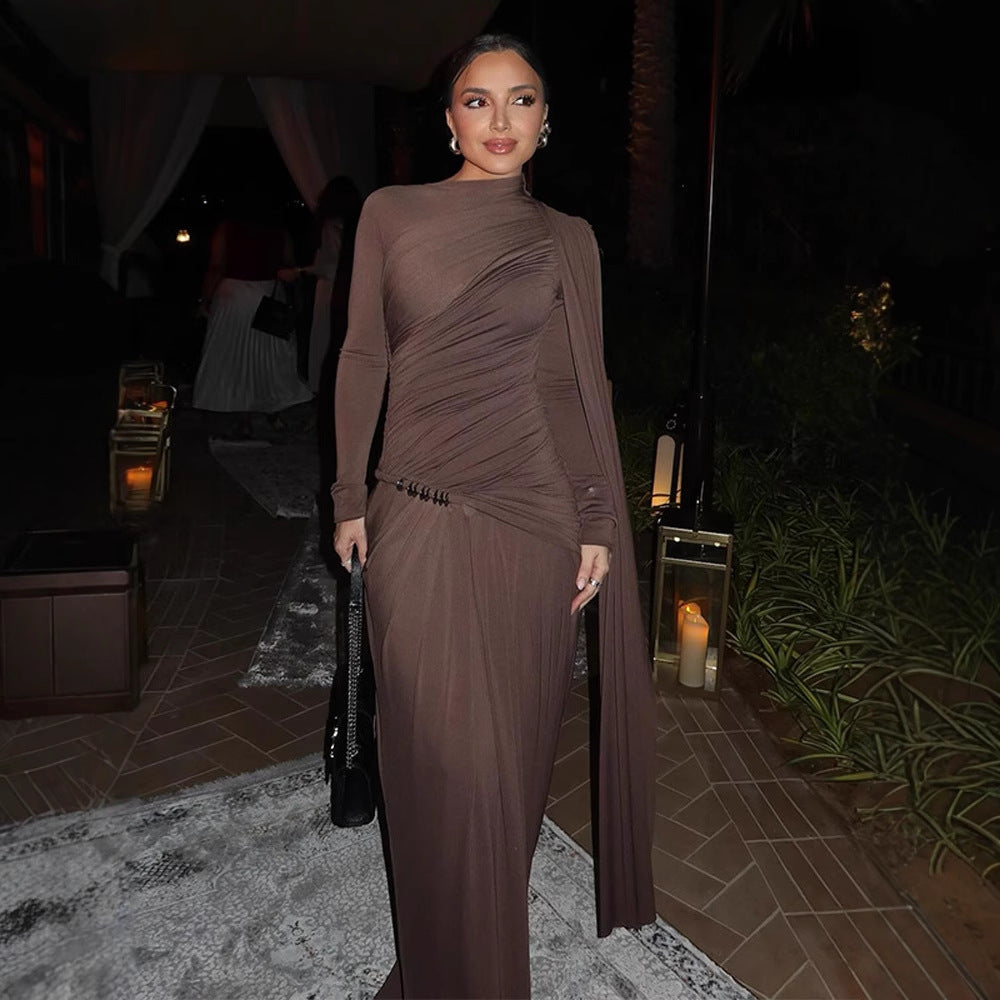 Women's fitted evening dress with asymmetric draping, gathered bodice, and long draped bow EVA-US