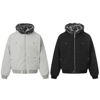 Men's Short Boxy Bomber Jacket in Aviator Look with Removable Faux Fur Collar EVA-US