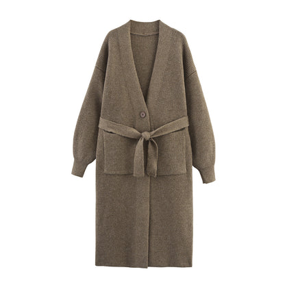 Women's Long Cardigan with Tie Belt, Patch Pockets and Deep V-Neck EVA-US