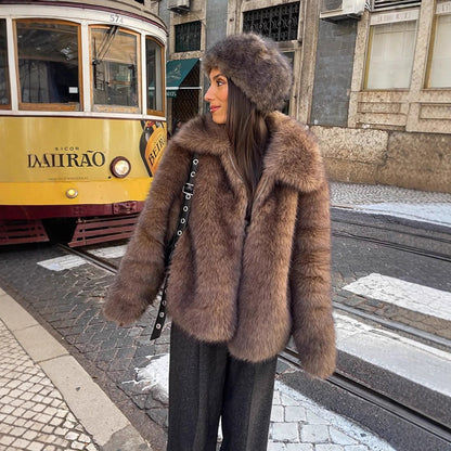 Women's Short Cut Voluminous Faux Fur Coat with Wide Shawl Collar EVA-US