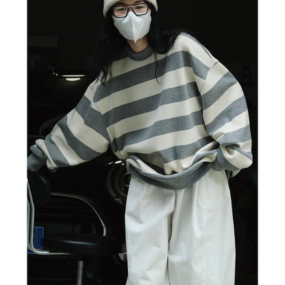 Women’s Oversized Cotton Blend Knit Sweater with Wide Block Stripes and Dropped Shoulder EVA-US