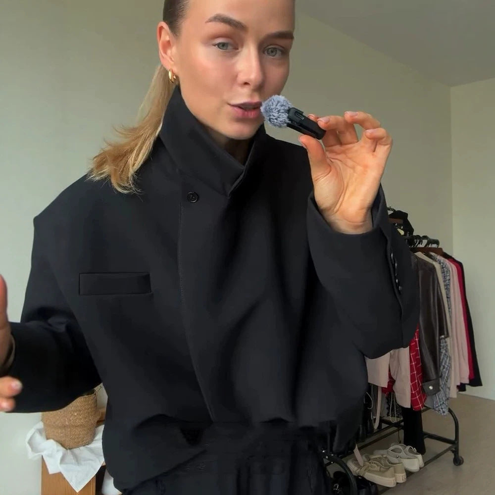 Women Asymmetric Cropped Boxy Jacket with High Stand Collar and Structured Shoulder Area EVA-US