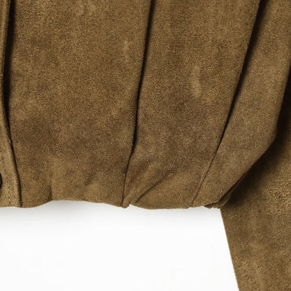 Women's Short Cut Double-Breasted Suede Look Jacket with Stand Collar and Epaulettes EVA-US
