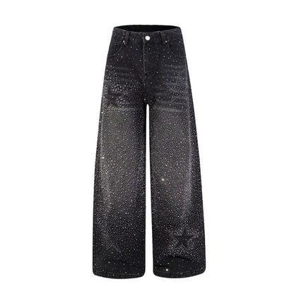 Women wide high-cut palazzo jeans with glitter effect and vintage wash EVA-US